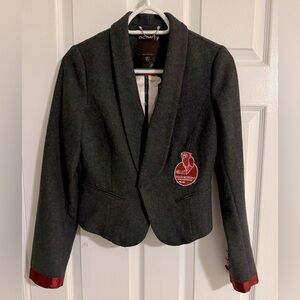 Ochirly Grey Wool Cropped Blazer With Crest Prep School Style Medium